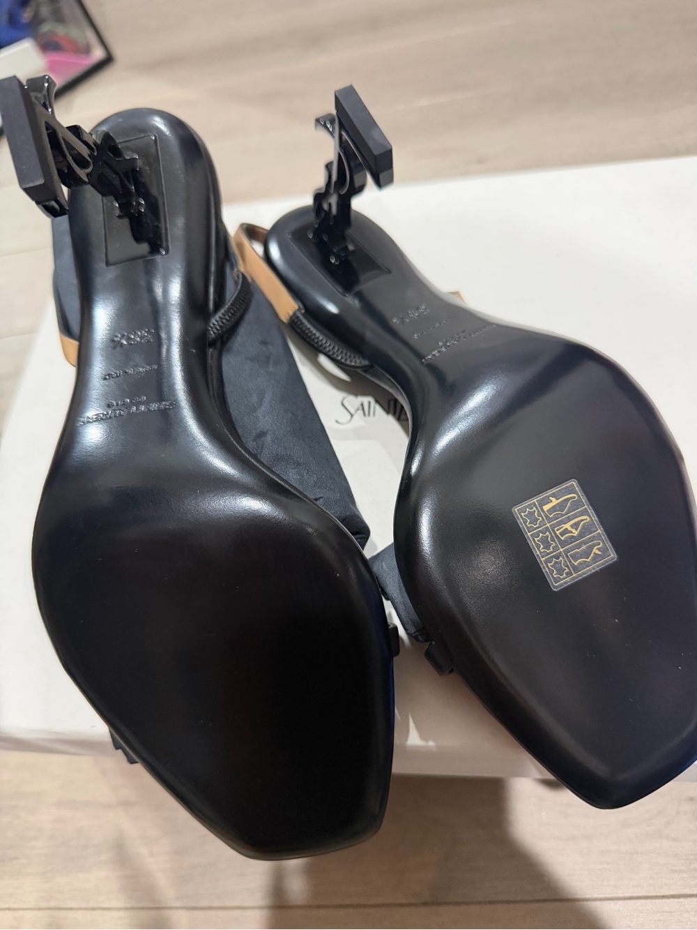 Yves Saint Laurent Black Sandal with Tan Sling and Logo Heel - Picture 5 of 5